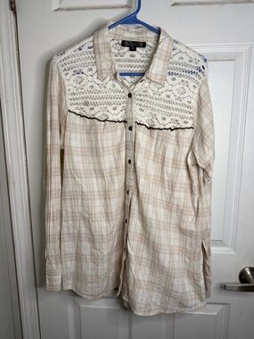 Shyanne Cream and Beige Plaid Button-Up Shirt with Lace Yoke